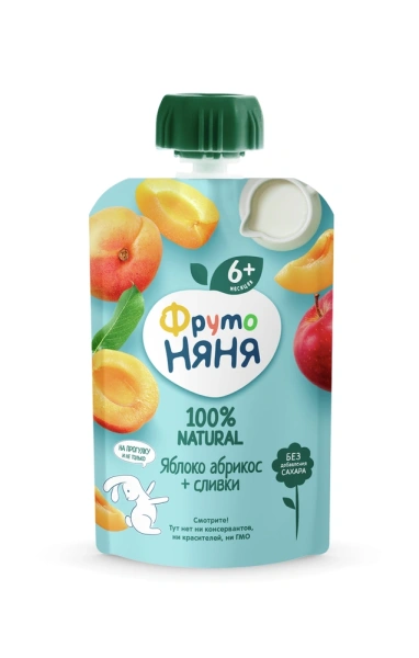 Пюре ФрутоНяня яблоко-абрикос со сливками и сахаром для детей, 90г