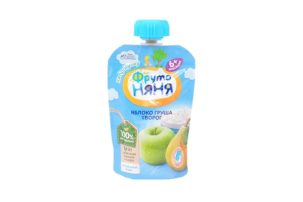 Пюре ФрутоНяня яблоко-груша с творогом и сахаром, 90г