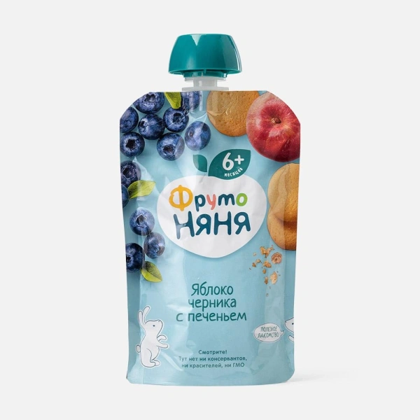 Пюре ФрутоНяня из яблок и черники с печеньем детское, 90г